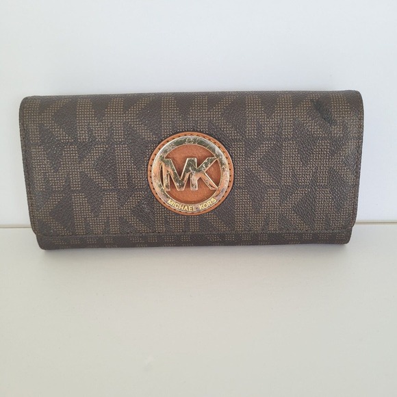 MICHAEL KORS MK Fulton Gusset Carryall Brown Saffiano Leather Envelope Wallet - Picture 1 of 14